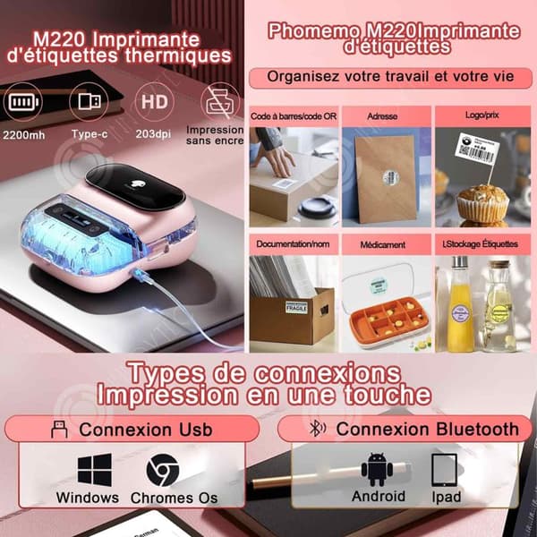 INN Etikettskrivare M220 Mini Bluetooth Etikettmaskin Självhäftande termisk bärbar skrivare kompatibel med OS och Android