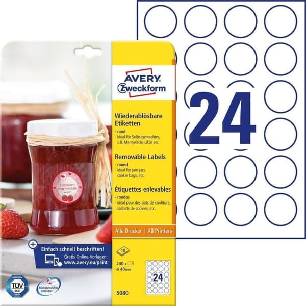 Avery 5080 selvklæbende etiketcirkel Aftagelig hvid 240 stk (5080)
