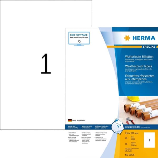 HERMA väderbeständiga etiketter av specialpapper, 210 x 297 mm vit, gjorda av papper, impregnerade, självhäftande - 1 st (10775)