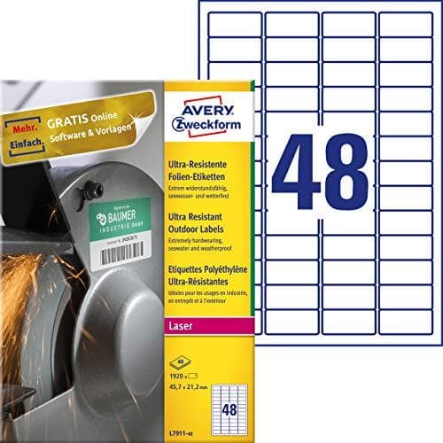 Avery Zweckform Ultra-Resistant Labels - polyeteeni (PE) - matta - pysyvä liima - valkoinen - 45,7 x 21,2 mm 1920 tarra(t) (40 arkkia x 48) etiketti (