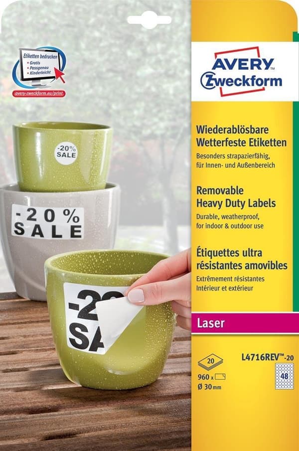 Avery aftagelige vejrbestandige etiketter diameter 30 mm hvid kasse med 960 etiketter