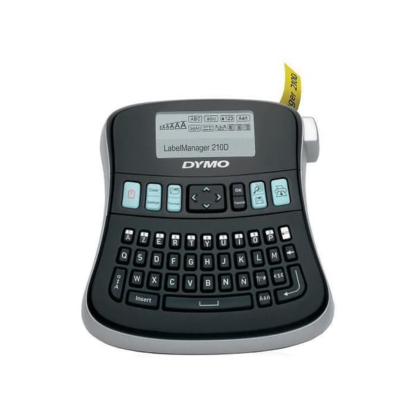 DYMO LabelManager 210D, bärbar etikettmaskin + startetikettkassett D1, svart på vitt, 12mm x 3m, AZERTY-tangentbord Svart, Silver