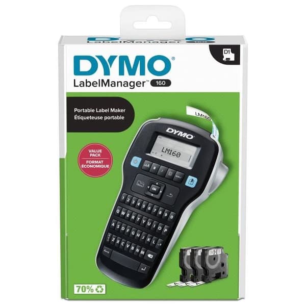DYMO LabelManager 160 (Pack), Bärbar etikettskrivare med 3 rullar D1 tejp, QWERTY-tangentbord