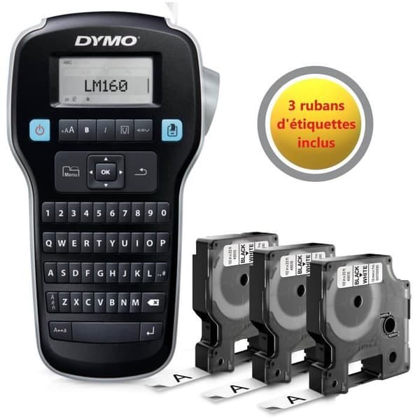 DYMO LabelManager 160 (Pack), Bärbar etikettskrivare med 3 rullar D1 tejp, QWERTY-tangentbord Svart