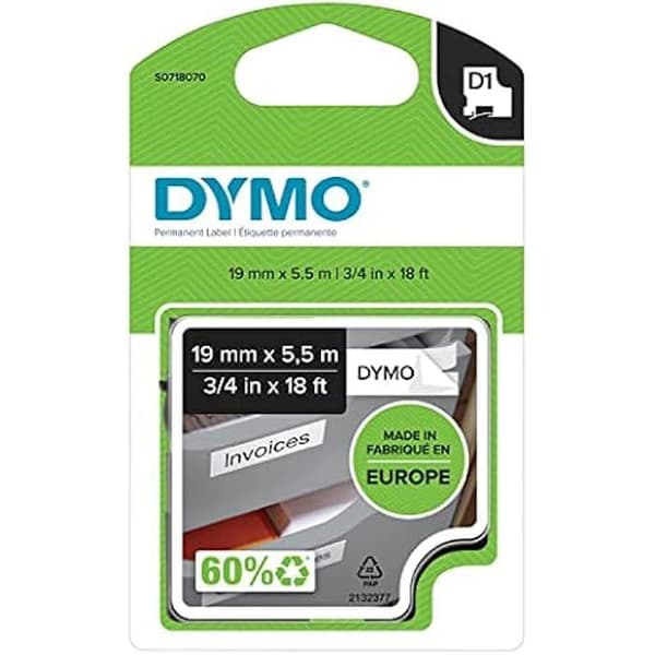 DYMO D1 äkta självhäftande etiketter | rulle 19 mm x 5,5 m | grön tryck på svart bakgrund | för etikettmaskiner