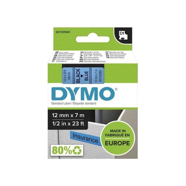 DYMO LabelManager tejpkassett D1 12mm x 7m Svart/Blå (kompatibel med LabelManager och LabelWriter Duo)