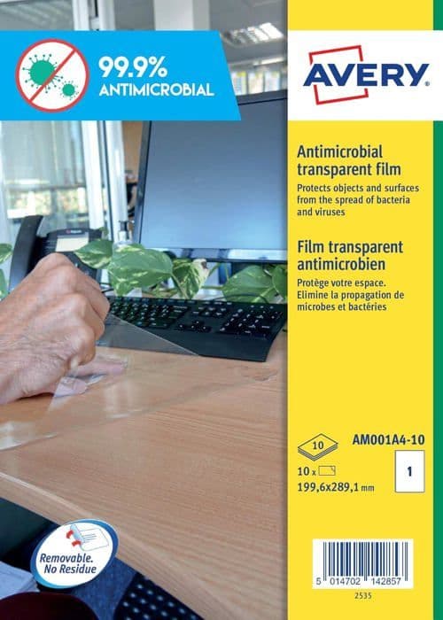 Avery - AM001A4-10 - Paket med 10 antimikrobiella filmer, 199,6 x 289,1 mm, avtagbart lim