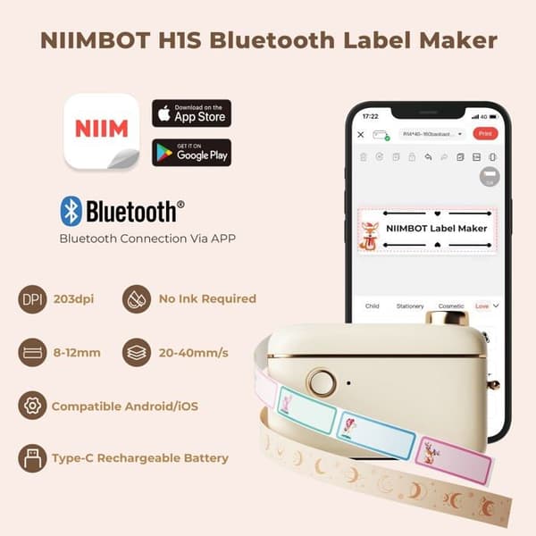 Niimbot - H1S-W - H1S bärbar uppladdningsbar trådlös och Bluetooth termisk skrivare med kontinuerligt papper för etiketter