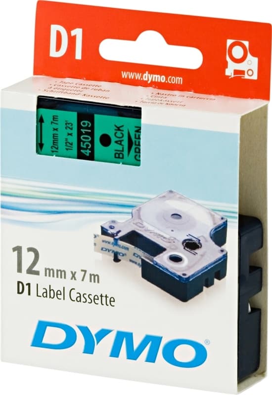 DYMO D1 etikettbånd standard 12 mm, svart på grønn, 7 m rull (45019)