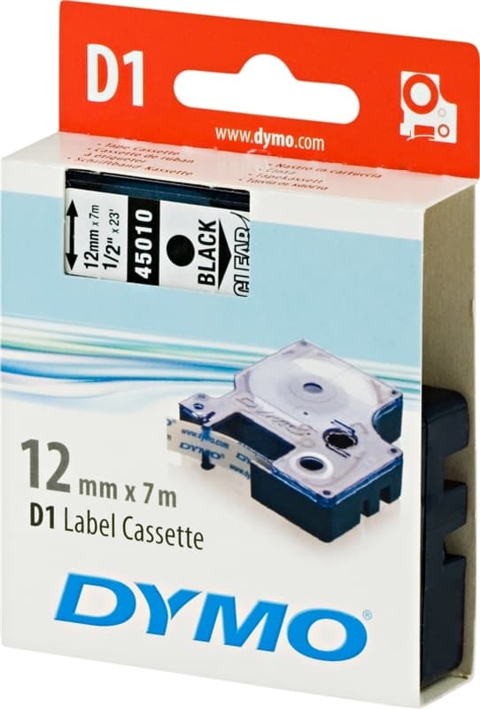 DYMO D1 märktejp standard 12mm, svart på transparent, 7m rulle (45010)