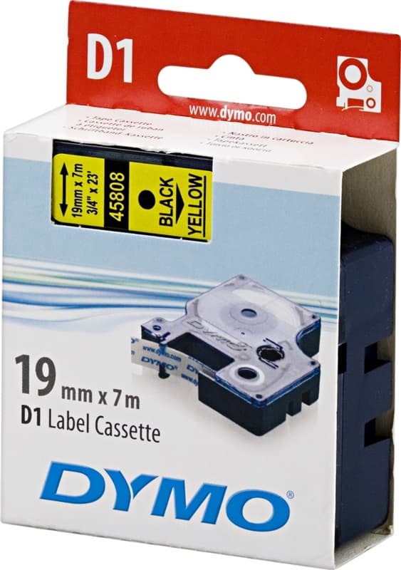 DYMO D1, markeringstape, 19 mm, sort tekst på gul tape, 7 m