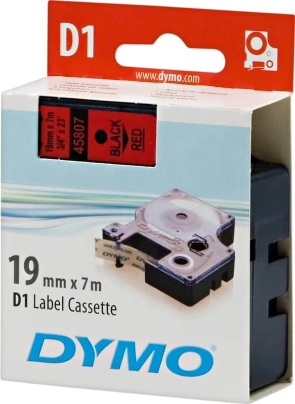 DYMO D1 etikettbånd standard 19 mm, svart på rød, 7 m rull (S0720870)