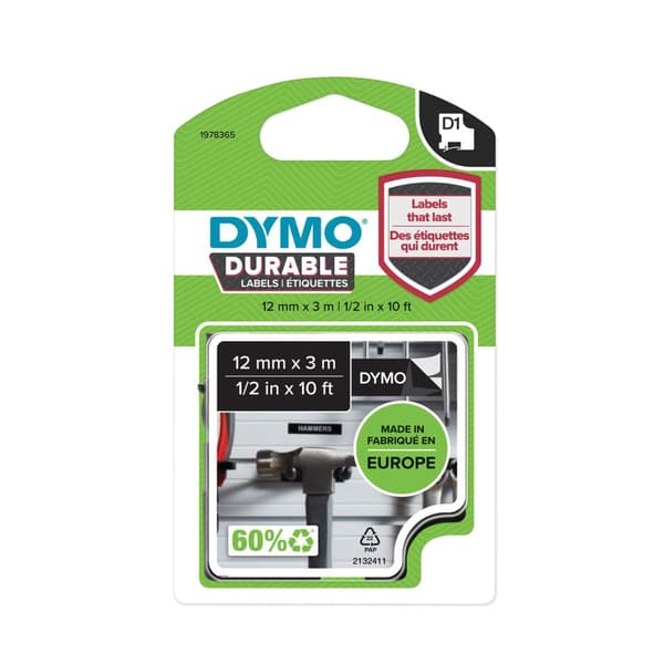 Tape DYMO Durable D1 12mm vit på svart