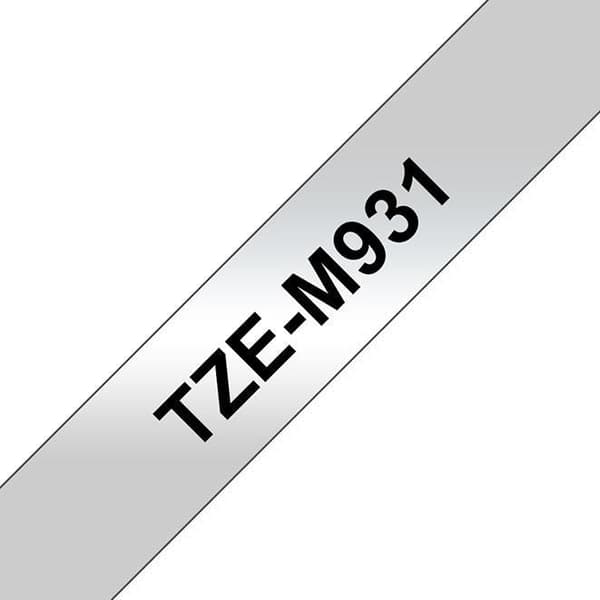 Tape BROTHER TZEM931 12mm sv på silver