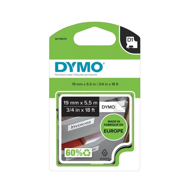 Tape DYMO D1 19mm perm. svart på vit