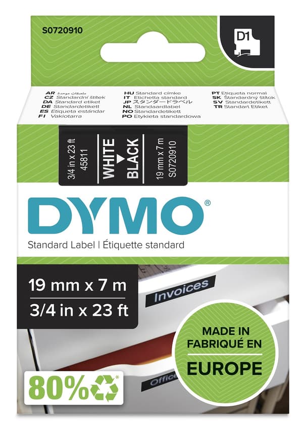 D1, marking tape, 19mm, white text on black tape, 7m - 45811