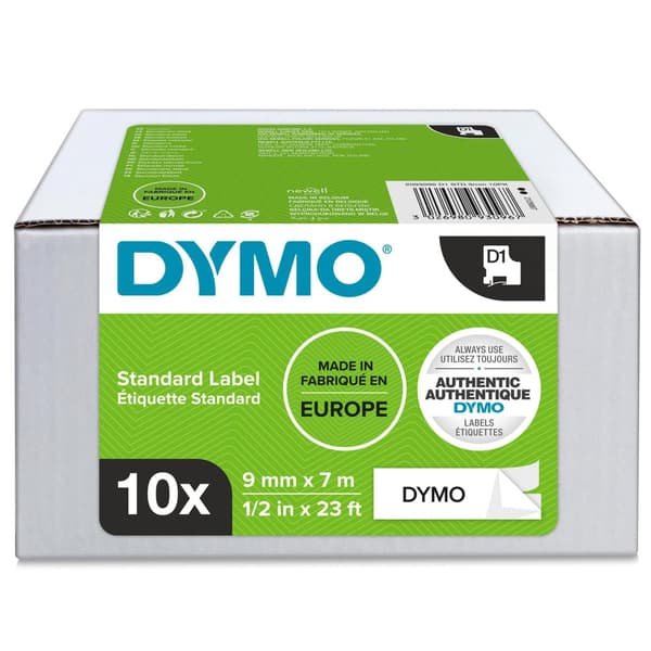 Tape DYMO D1 9mm svart på vit 10/fp