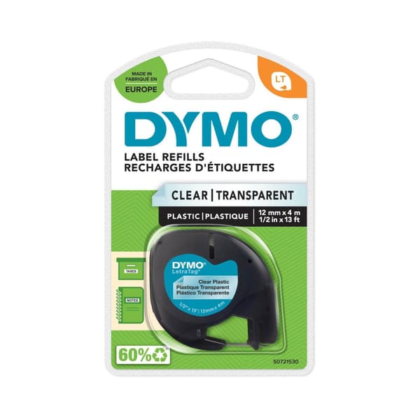 Tape LetraTAG plast 12mm svart på transp