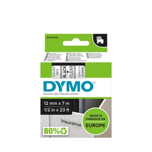Tape DYMO D1 12mm svart på klar