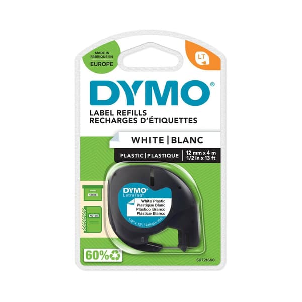 Tape LetraTAG plast 12mm svart på vit