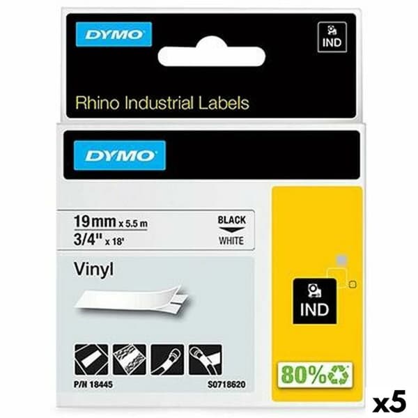 Lamineret tape til mærkningsmaskiner Rhino Dymo ID1-19 19 x 5,5 mm Sort Hvid Lim Auto bindemidler (5 enheder)