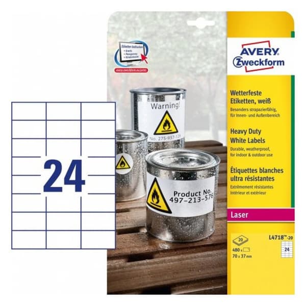 Selvklæbende etiketter Avery 20 Ark Hvid 70 x 37 mm