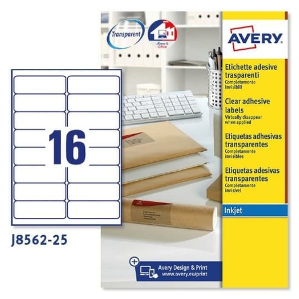Printer labels Avery J8562 25 Ark 99,1 x 33,9 mm Gennemsigtig (5 enheder)