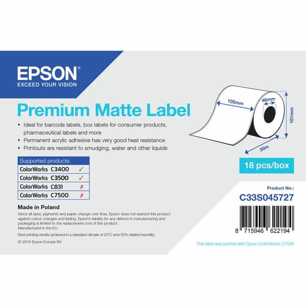 Tulostintarrat Epson C33S045727 Valkoinen 46 mm (18 osaa)