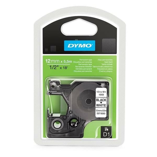 Laminoitu teippi tarrakoneelle Dymo D1 16959 12 mm x 5,5 m Musta Polyesteri Valkoinen (5 osaa)