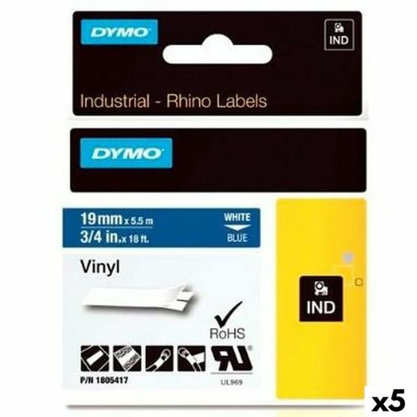 Laminerat Band till Etikettskrivare Dymo Rhino 19 mm x 5,5 m Blå Vit Vinyl (5 antal)