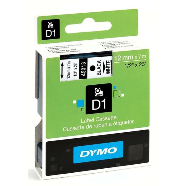 Lamineret tape til mærkningsmaskiner Dymo D1 45013 12 mm LabelManager™ Hvid Sort (5 enheder)