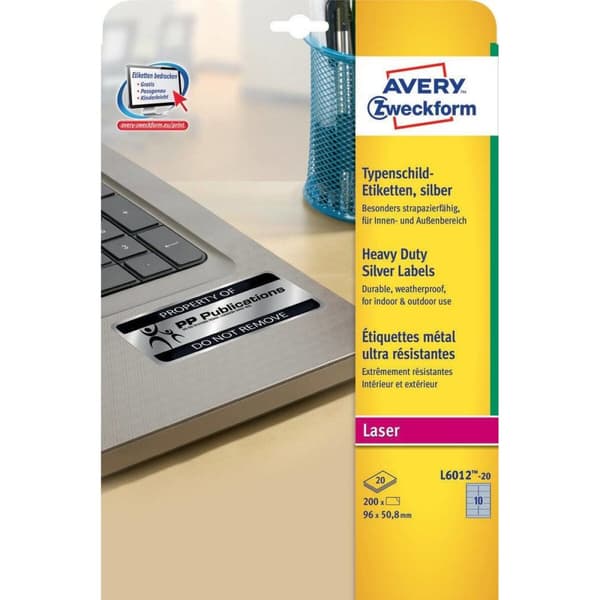 Självhäftande produkter/etiketter Avery 20 Blad 96 x 50,8 mm Silvrig