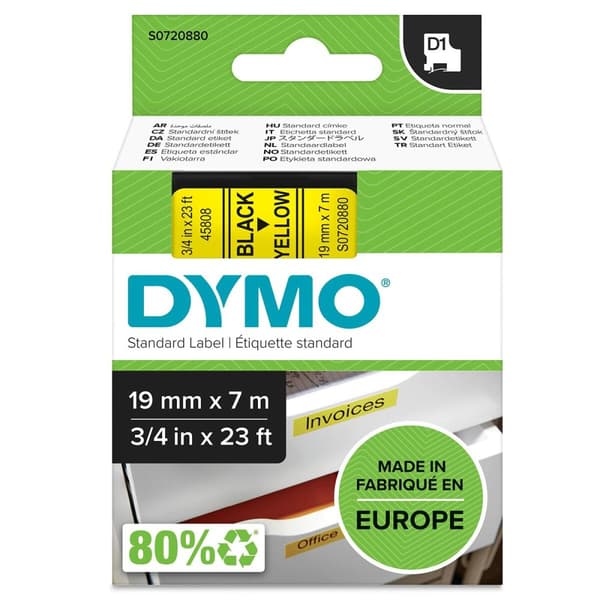 Laminoitu teippi tarrakoneelle Dymo D1-19 45808 LabelManager™ Musta Keltainen (5 osaa)