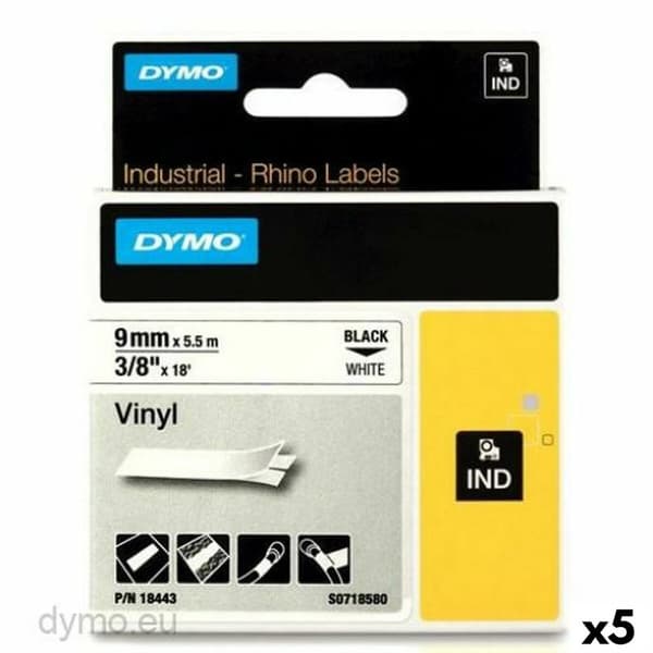 Laminoitu teippi tarrakoneelle Rhino Dymo ID1-9 Valkoinen Musta 9 x 5,5 mm Vinyylit (5 osaa)