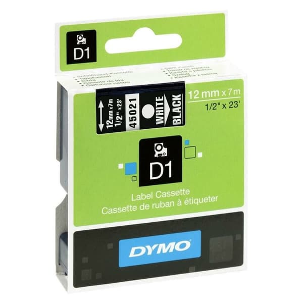Laminoitu teippi tarrakoneelle Dymo D1 45021 12 mm LabelManager™ Valkoinen Musta (5 osaa)