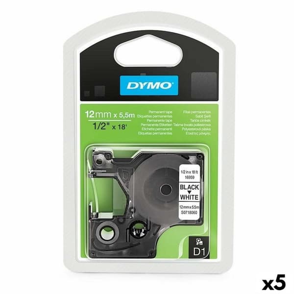 Lamineret tape til mærkningsmaskiner Dymo D1 16959 12 mm x 5,5 m Sort Polyester Hvid (5 enheder)