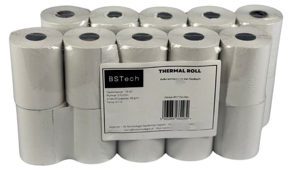 BSTech Papir, rulle termisk til kasseapparater skattemæssig 57x25m 10 stk.