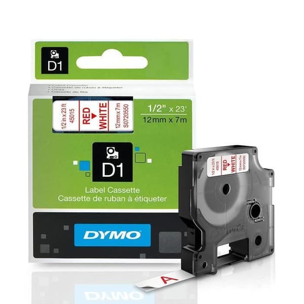 DYMO D1 standard tejpkassett för etiketttillverkare, 1/2in x 23ft, röd på vit - 45015