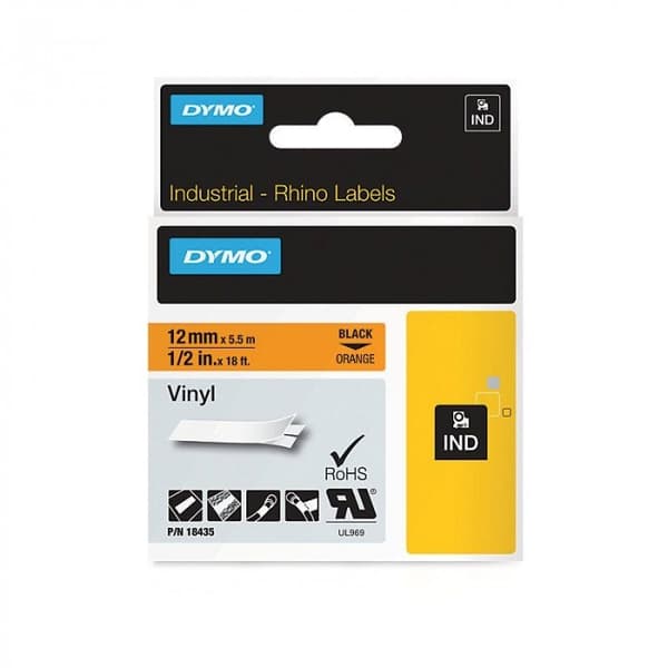 Dymo 18435 12mm x 5,5m orange/sort trykt vinyltape