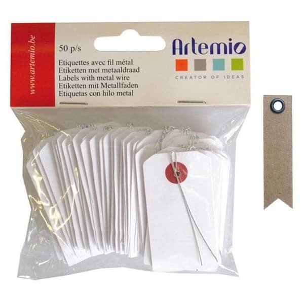 Vita minietiketter 3 x 5,5 cm med metalltråd + 20 st kraftetiketter