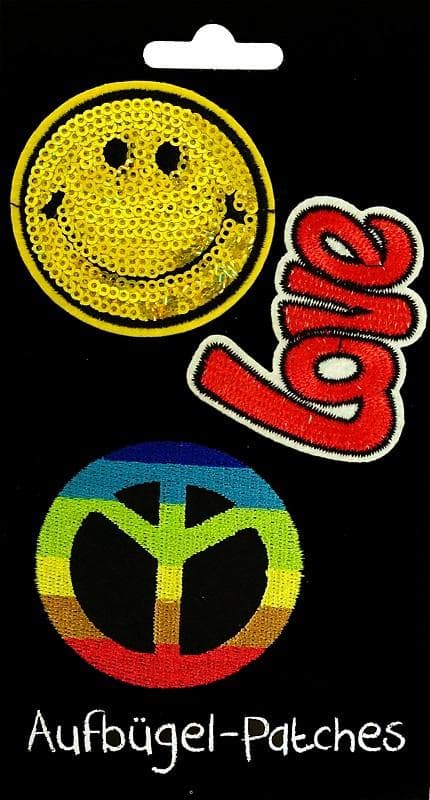 3 st Strykplåster/Tygmärke/Patches: Peace, Love & Smiley