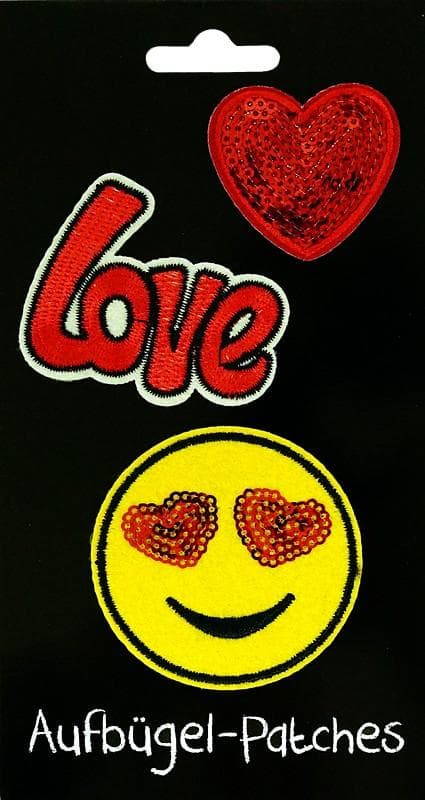 3 st Strykplåster/Tygmärke/Patches: Love, Smiley & Hjärta