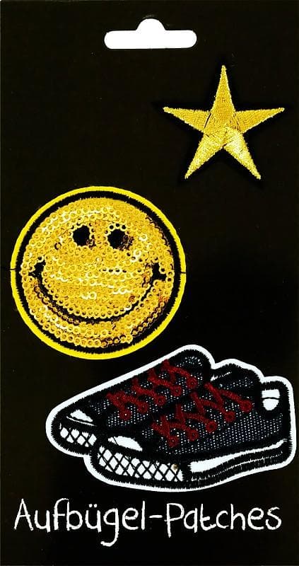 3 st Strykplåster/Tygmärke/Patches: Smiley, Sneakers & Stjärna