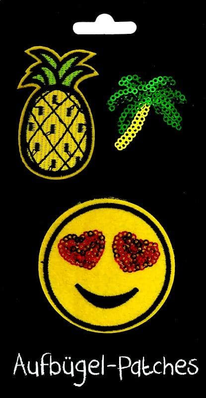 3 st Strykplåster/Tygmärke/Patches: Smiley, Ananas & Palm