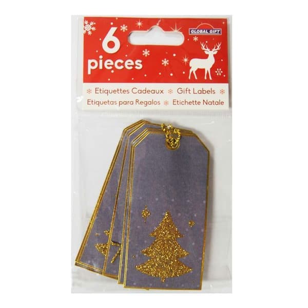 6 presentetiketter - Julgran med guldglitter