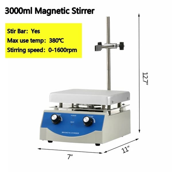 Elektrisk Magnetisk Rører, 1000ML Kapacitet, Varmeplade, 3000 ml 0-1600 omdr/min
