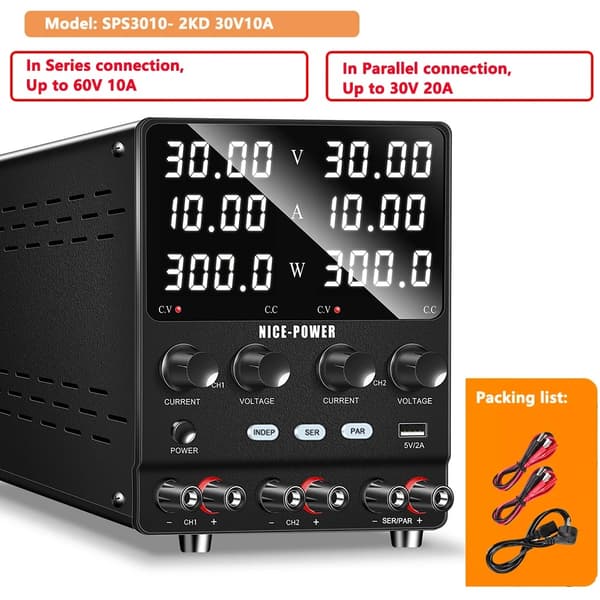 Säädettävä laboratoriovirtalähde, 60V maksimiulostulo, kaksoiskanavansäätö,AC 220V, SC232-SPS3010-2KD