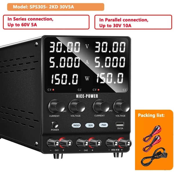 Justerbar laboratoriekraftforsyning, 60V maks. udgang, dual kanalregulering,AC 220V, SC232-SPS3010-2KD
