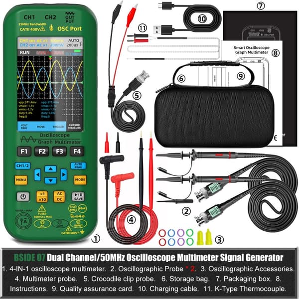 Håndholdt Oscilloskop Multimeter, Dual Channel, 3,98-tommer Skærm,O7 kits-25MHz