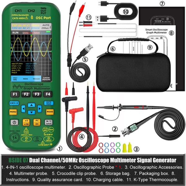 Håndholdt Oscilloskop Multimeter, Dual Channel, 3,98-tommer Skærm,O7-25MHz